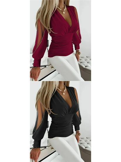 Autumn V-Neck Long Sleeve Women's Fashion Solid Color Blouse