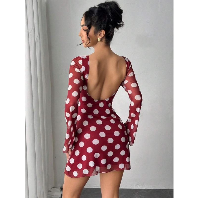 Women's Spring/summer Sexy Polka Dot Backless Mesh Mini Dress with Flared Sleeves
