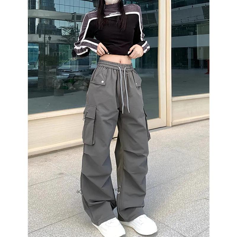 

Women s Spring/Fall Korean-Style High-Street Hip-Hop High-Waisted Slimming Casual Pants: Pleated, Loose-Fit, Multi-Pocket Workwear Pants 2XL