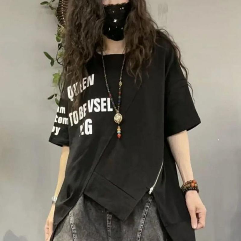 Summer Streetwear Letter Printing Irregular Zipper Tees Ladies Round Neck Loose Casual All-match Pullovers Ladies's T-shirt