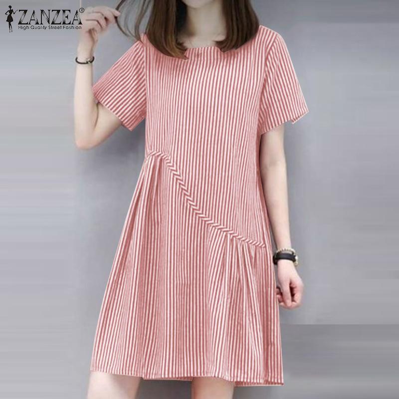 ZANZEA Women Casual Round Neck Short Sleeve Stripe Summer Dress