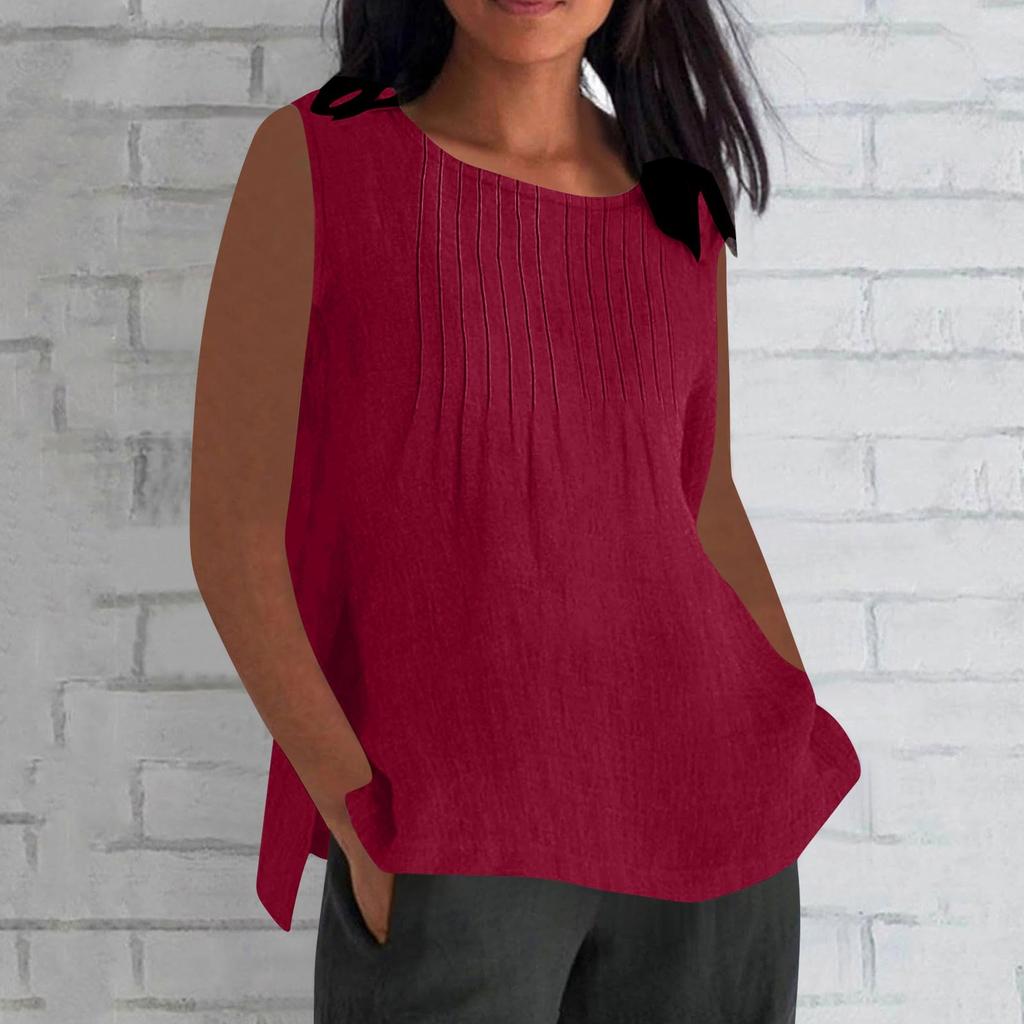 Women's Fashionable And Casual Sleeveless Vest Solid-color Cotton And Linen Pleated Sleeveless Top T-shirt