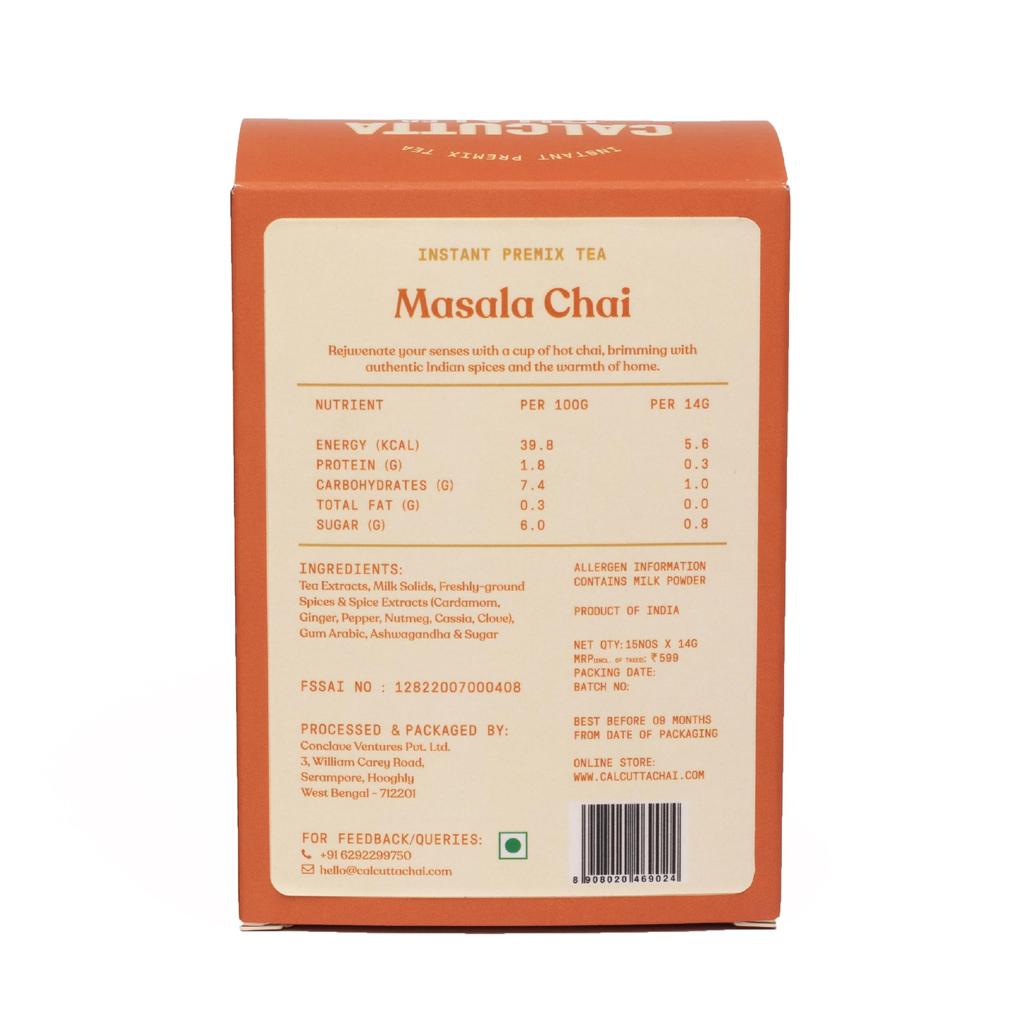 Calcutta Chai Co - Masala Chai | Instantowa Mieszanka Herbaciana | 15 Saszetek | 210g | Wyprodukowana z Herbaty Assam | Dodane Naturalne Przyprawy | Niska Zawartość Cukru
