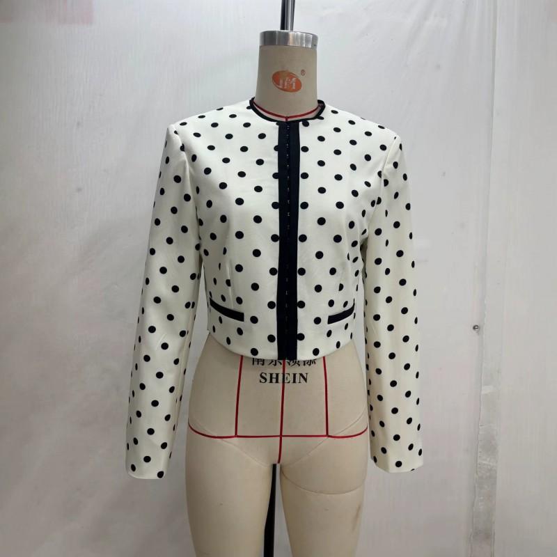 Womens Polka Dot Blazer Jacket - Round Neck Long Sleeve Single-Breasted Office Chic Coat