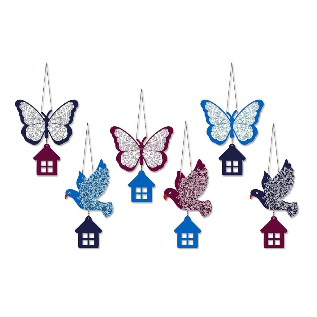 Multicolored Birds & Butterfly Wooden Wall Hanging for Home Decoration | Garden Balcony | Office | Cafe | Decorative Door Hanging (Pack of 6)