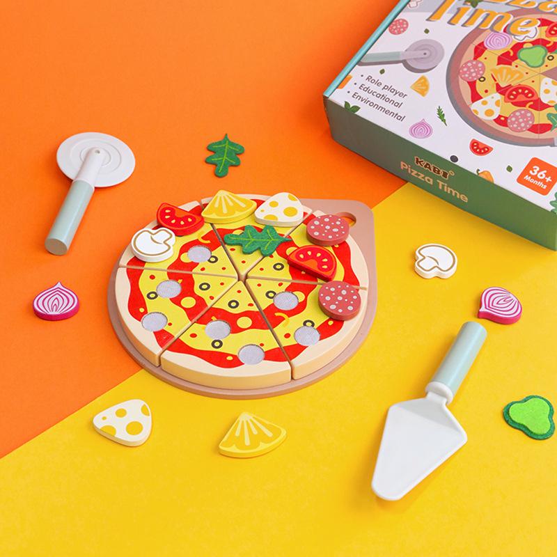 Wooden Kitchen Role-Play Set: Fruits, Vegetables, Pizza Cutting Toy for Kids