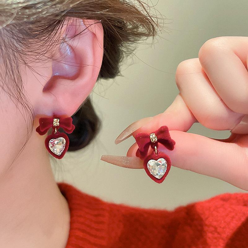 Silver Needle Red Bow Flower Earrings - Light Luxury Christmas & Holiday Studs, Autumn Winter Jewelry