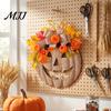Warm LED Fall Lighted Wreaths Wooden Pumpkin Halloween Door Sign with Lights, Artificial Floral Hanging Illuminated Garland Lights Ornament for Window