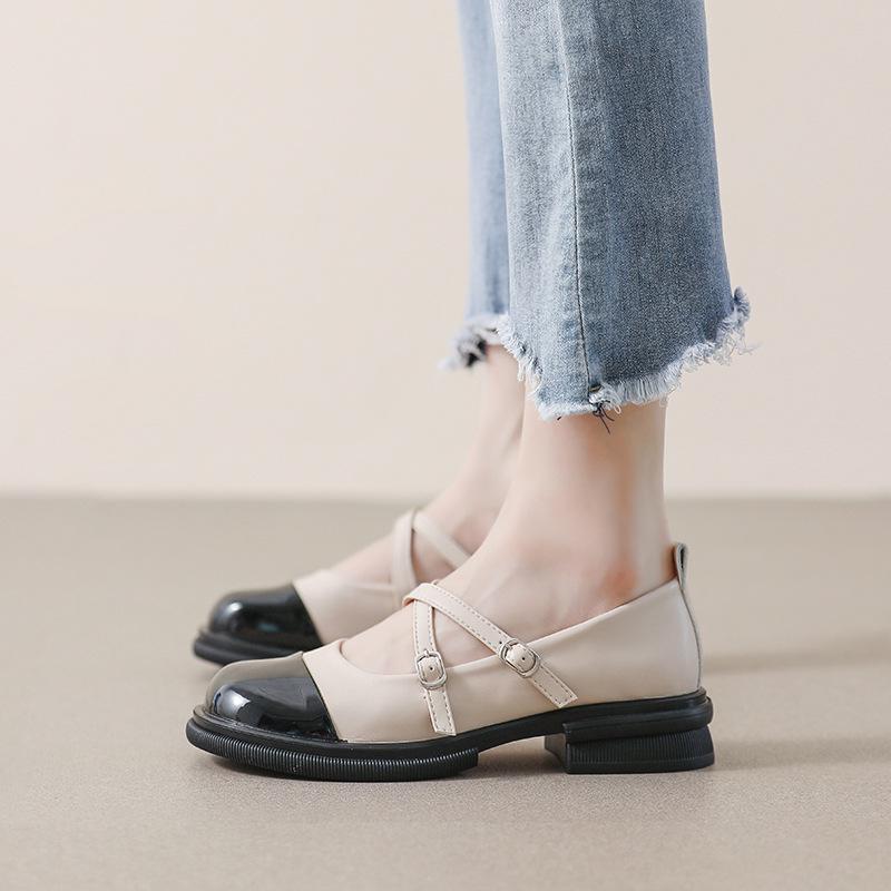 

Weiwei Girl 105-1 Chunky Heel Mary Janes: Women s Colorblock Preppy Leather Shoes with Thick Sole. 37 абрикосовый