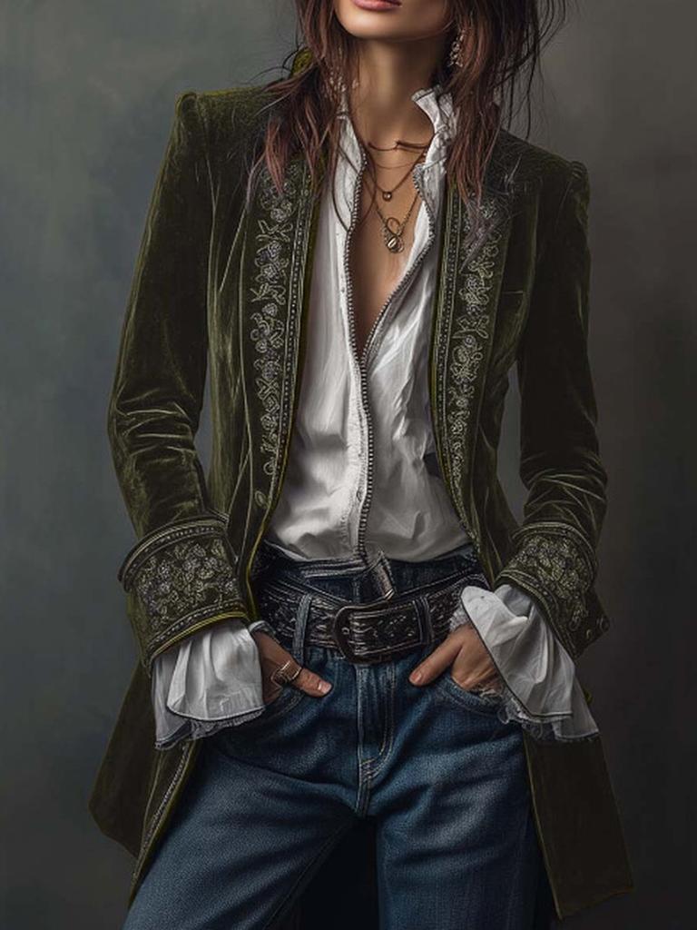 Women's Long Sleeve Solid Color Patchwork Lace Golden Velvet Coat