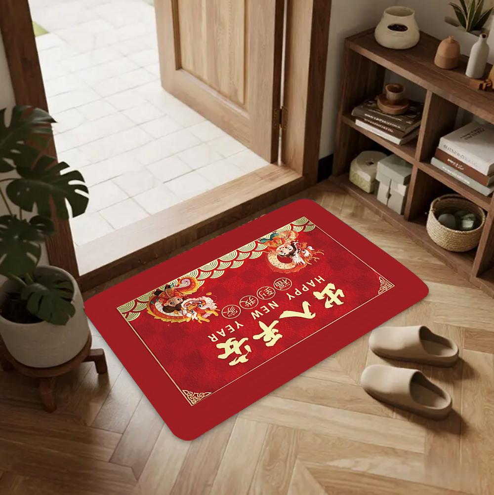 Red Chinese New Year Welcome Carpet Lucky Words for Decorating Door Mats Kitchen Bedroom Living Room Porch Entrance Non Slip Rug