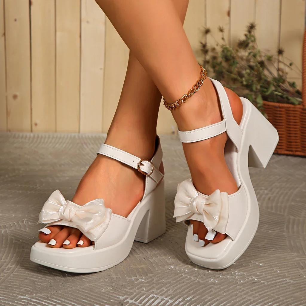 New Summer Comfortable and Elegant Casual Banquet High Heel Sandals Fashionable Temperament Bow Thick Heeled Women's Shoes