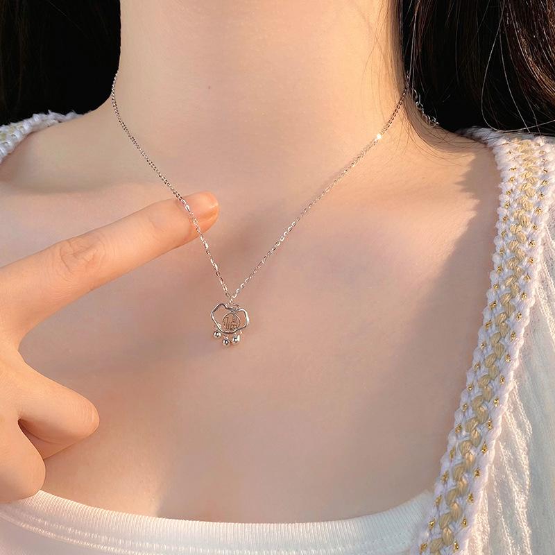 Hollow Out Lucky Character Safety Lock Necklace Bead Tassel Collarbone Chain New Chinese Style
