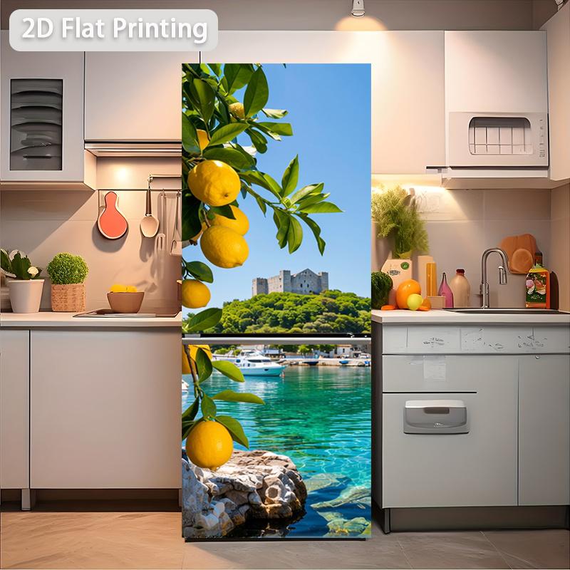 84Style Fridge Stickers Refrigerator Cover Door Landscape Plant Sea Vinyl Self Adhesive Kitchen Furniture Decor Wrap Freezer Sticker DIY