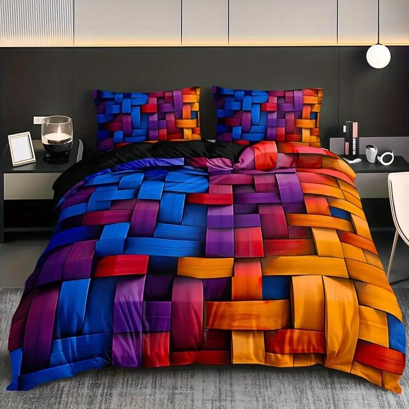 Color geometric duvet set high definition printing bedding suitable for family dormitory decoration