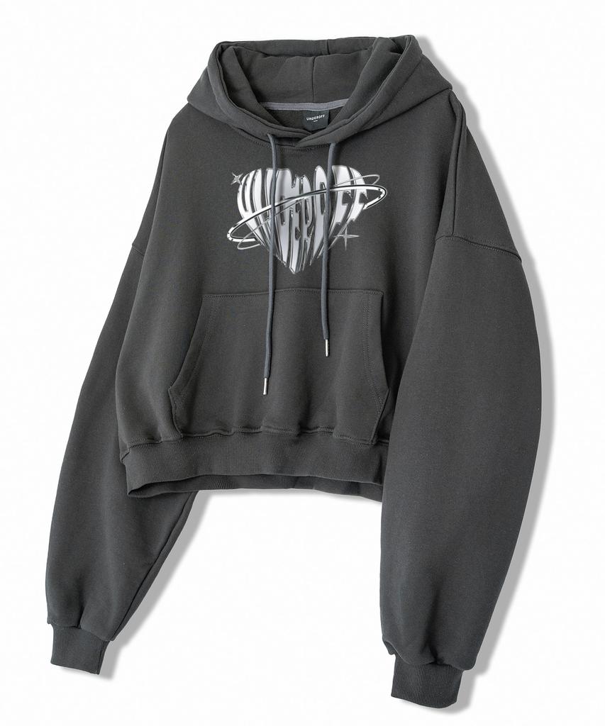 Women'S Relaxed Metallic Chrome Heart Crop Hoodie White Melange