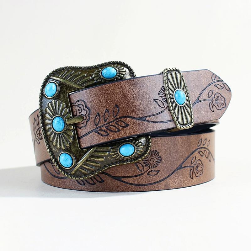 Ladies Wear The Classic Western Belt Embossed Pu Leather Bohemian Style Oval Turquoise Buckle Waist Band