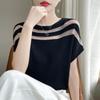 Summer New Splicing Crew Neck Knitted Sweater Short-sleeved T-shirt Women's Thin Top