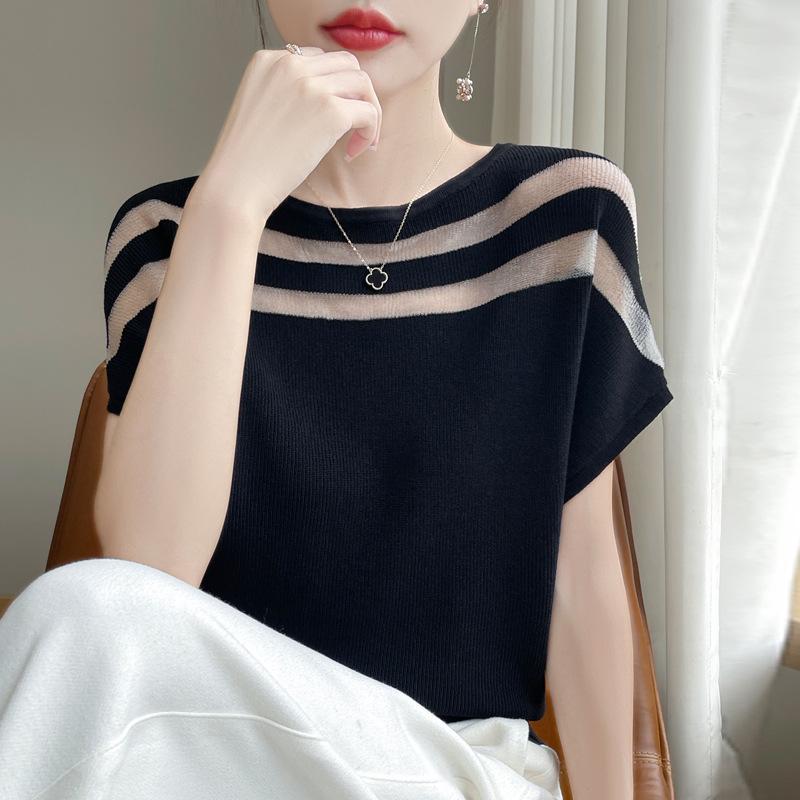 Summer New Splicing Crew Neck Knitted Sweater Short-sleeved T-shirt Women's Thin Top