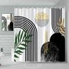Fabric Geometric Shower Curtain, Mid-Century Modern Geometric Herringbone Chevron Blue Black Gray Square Bathroom Decoration