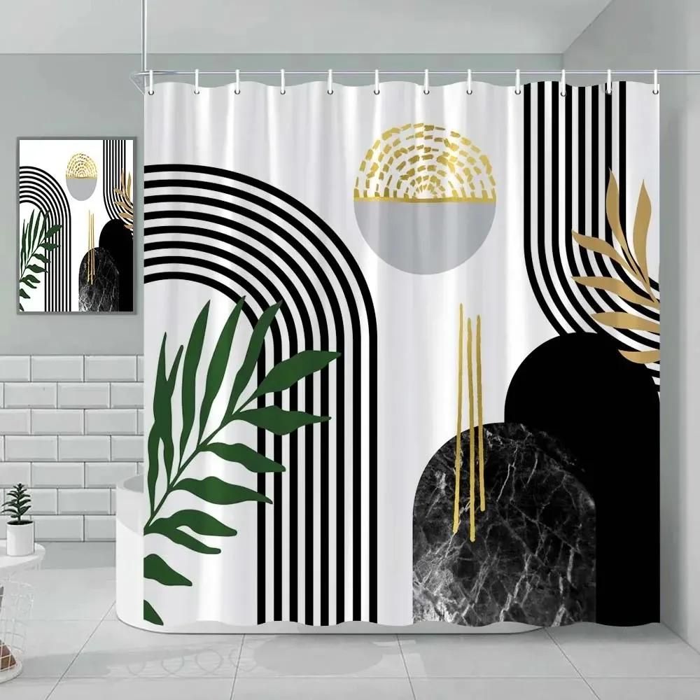 Fabric Geometric Shower Curtain, Mid-Century Modern Geometric Herringbone Chevron Blue Black Gray Square Bathroom Decoration