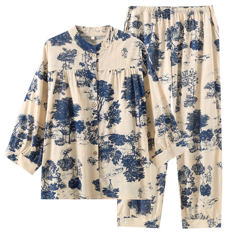Women’s Korean Style Bamboo Cotton Pajamas - Loose Casual Fit with Seven-Sleeve Top and Long Pants for Homewear