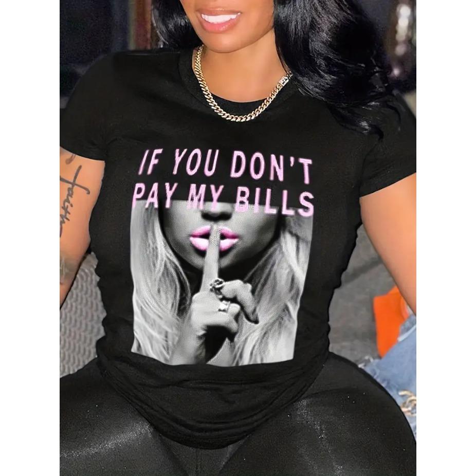 Streetwear Letters 3d Print Round Neck Short Sleeved T-shirt for Women Breathable Polyester Stretch Comfortable for Everyday