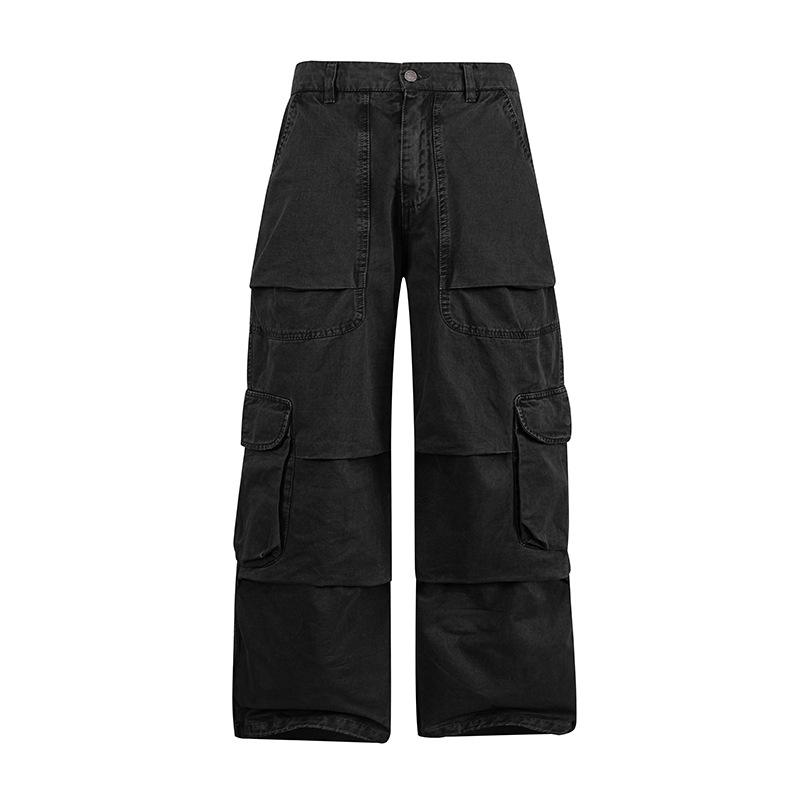 Cotton Multi Pocket Wide Leg Cargo Pants Men Vintage Loose Floor Length Casual Streetwear Unisex Trousers