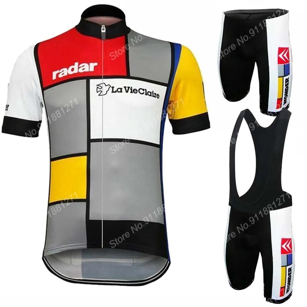 Zestaw Koszulka Retro La Vie Claire Rowerowa Męska Letnie Ubrania Koszulki na Rower Szorty na Szelkach MTB Ubrania Ropa Ciclismo