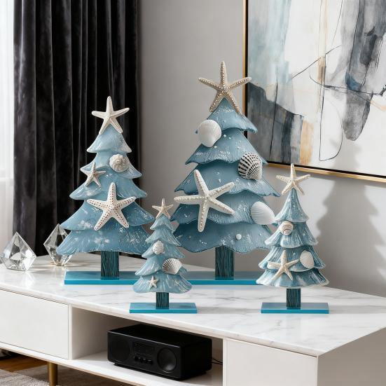 4Pcs/Set Blue Coastal Christmas Tree Ornaments Wooden Ocean-Themed Table Centerpieces Xmas Party Figure Home Decor