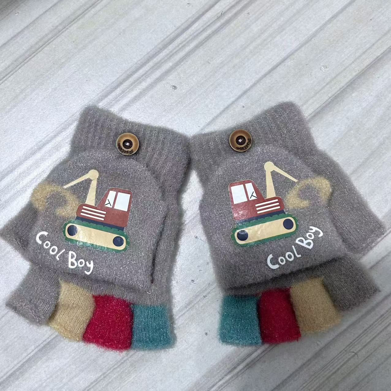 

Детские перчатки для мальчиков-экскаваторов, осенние и зимние, с рисунком из мультфильмов, милые, с полупальцами, вязаные, шерстяные, теплые, непромокаемые One size