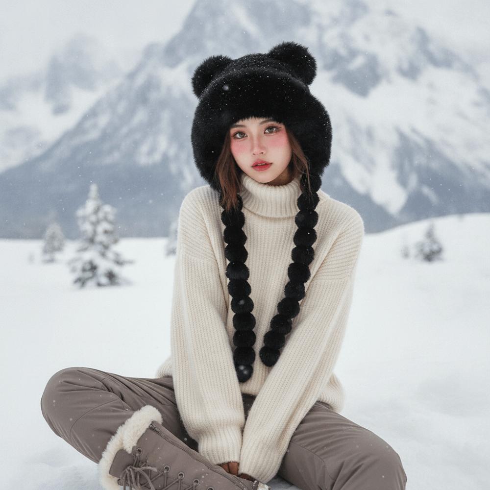 Fleece Lined Fleece Knit Beanie Fur Brim Earflap Winter Cap Pompom Braids Hat  Skiing