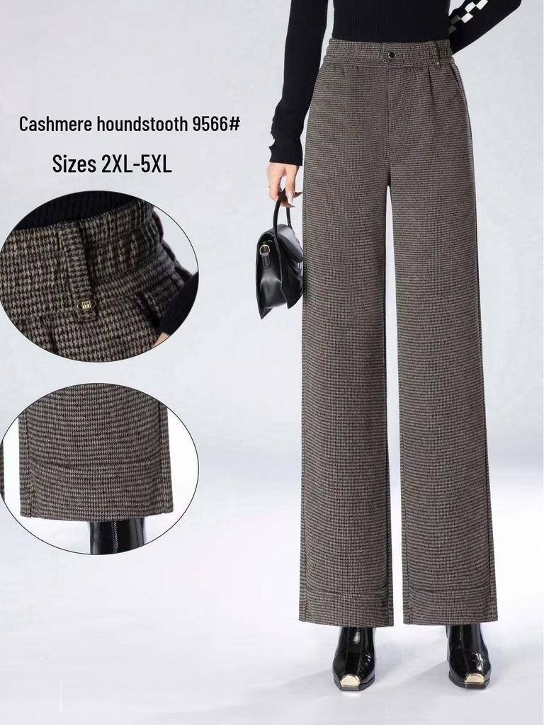 Women's High-Waist Cashmere Houndstooth Wide-Leg Pants - Versatile Autumn Fashion 2025