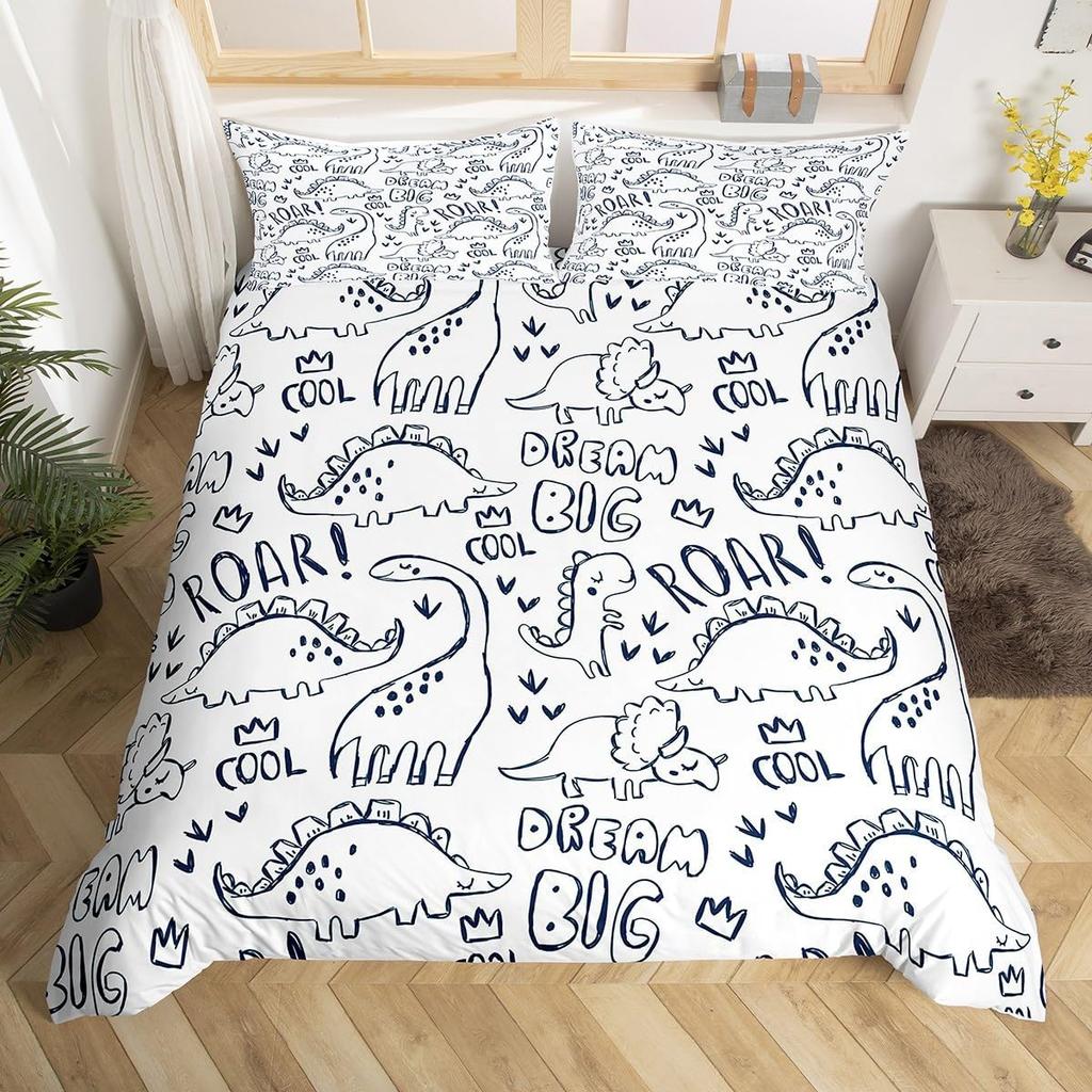 Dinosaur Duvet Cover Set Queen Twin Size,3Pcs Cartoon Dino Print Bedding Set for Kids Boys Room,Soft Microfiber Comforter Cover