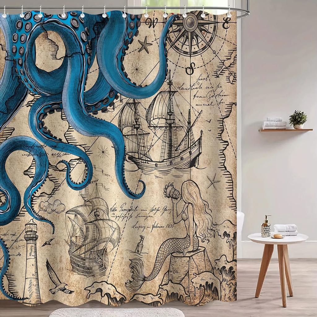 Vintage Nautical Octopus Waterproof Shower Curtain Navy Blue Mermaid Fun Ocean Sea Monster Bath Shower Curtain Anchorage Map