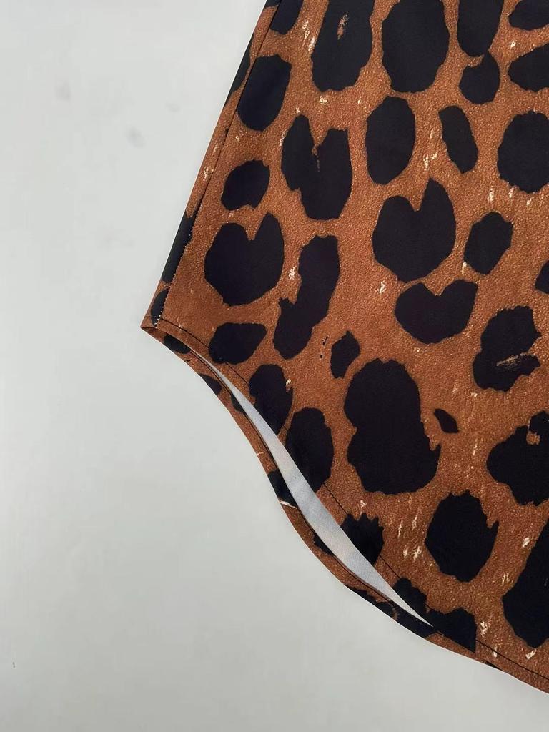 V-Ausschnitt Leo-Print Blumenkleid - Neuer Stil 2025, Europäische & Amerikanische Mode, Lässiges Langarm Damenbekleidung