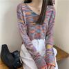 Sweater Rainbow Dye Striped Cropped Short Sweater Long Sleeve Knit V-Neck Loose Top Pullover Knit
