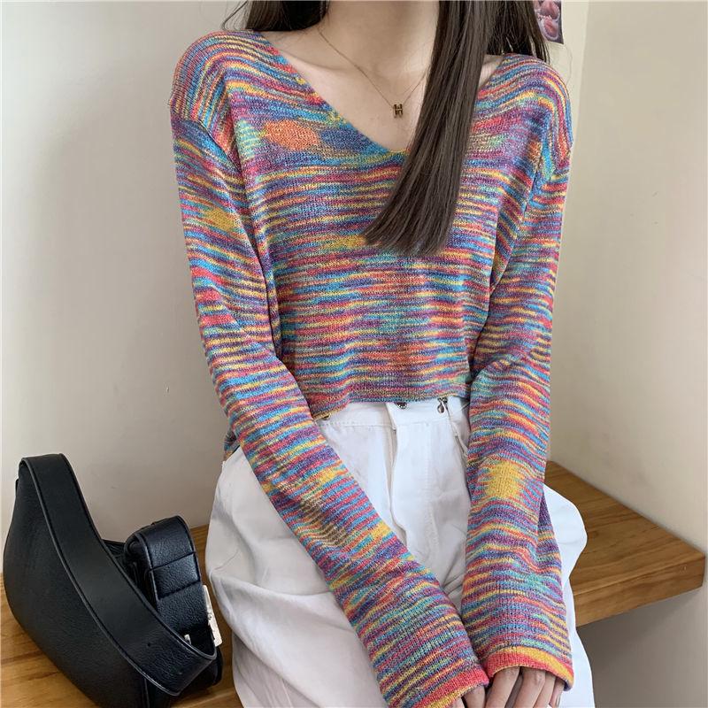Sweater Rainbow Dye Striped Cropped Short Sweater Long Sleeve Knit V-Neck Loose Top Pullover Knit
