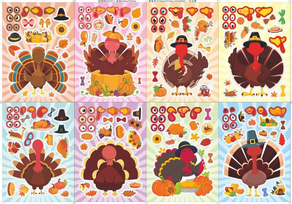 Adorable Cm2407011 Kids Cartoon Interactive Diy Thanksgiving Turkey Sticker Set For Family Fun