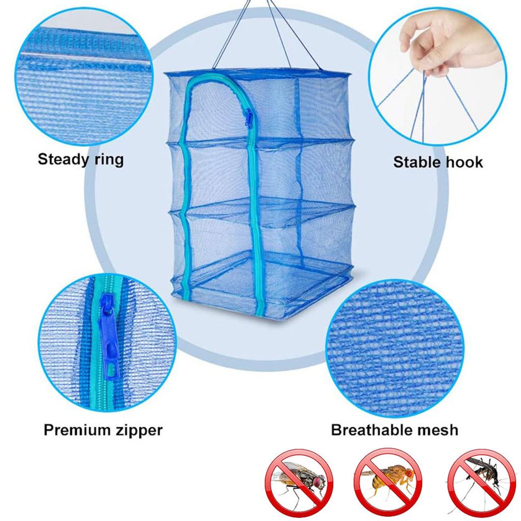 Hanging Foldable Fish Drying Mesh 3 Layers Vegetable Fish Drying Rack Zipper Storage Bag With Lanyard