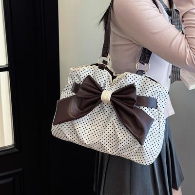 Spring New Retro Polka Dot Large-capacity Bow Lace Versatile Commuter Underarm Medieval Shoulder Bag