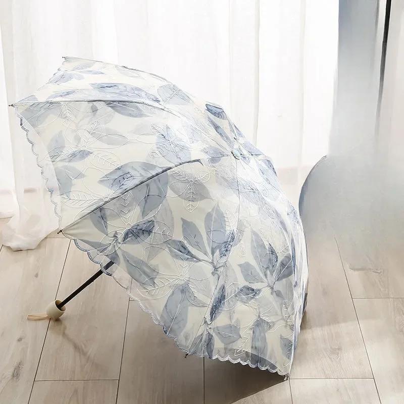 Fashion Double-layer Lace Floral Embroidery Folding Umbrella Summer Outdoor Mini Sunscreen UV Protection Foldable Sunny Umbrella