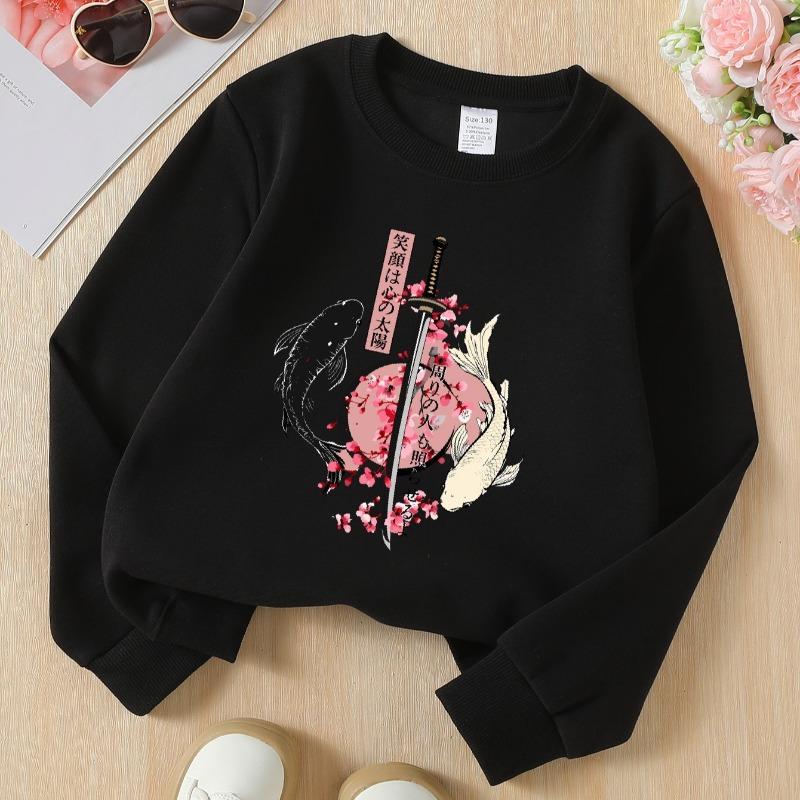 Kids Crewneck Long Sleeve Sweatshirt,Smiling Sun Sword Koi Cherry Blossom Print