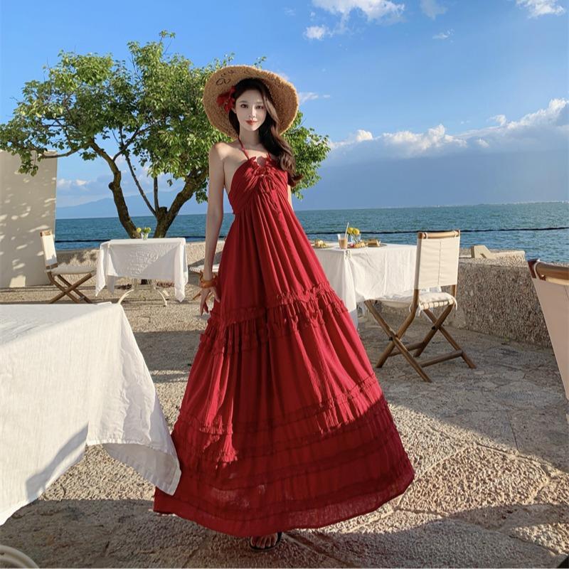 French sexy pure desire style Thai seaside vacation dress women's Sanya sexy suspender cake backless long skirt
