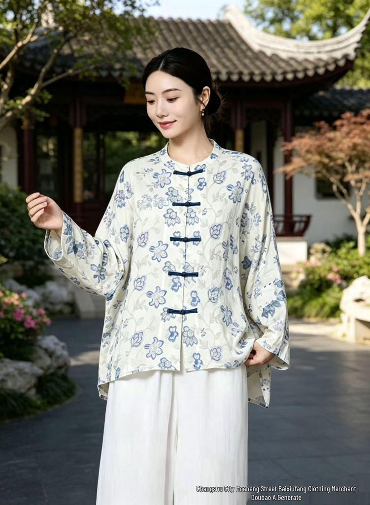 2026 Spring/Summer Women's Chinese-Style Elegant Print Stand-Up Collar Long-Sleeve Ramie Shirt