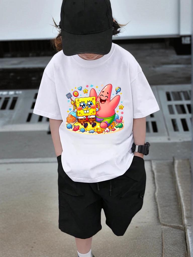 Lovable SpongeBob Short Sleeve T Shirt For Kids Summer Cute Cartoon Crewneck 3-14