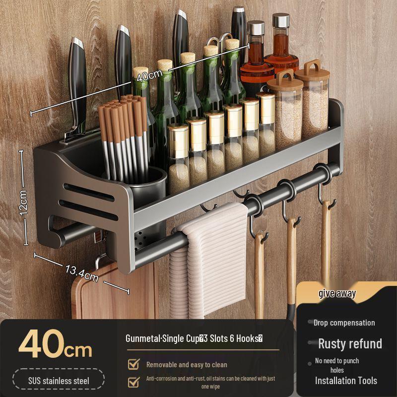 Stainless Steel Wall-Mounted Kitchen Rack with Chopstick, Knife, and Spice Storage