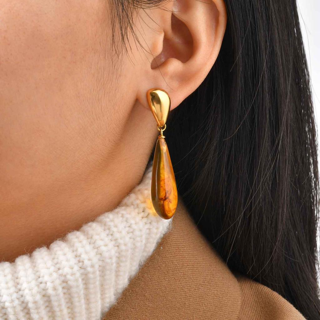 Transparent Water Drop Earrings for Women,Stainless Steel Amber Resin Stud Earrings,Gold Plated Waterproof Jewelry Gift