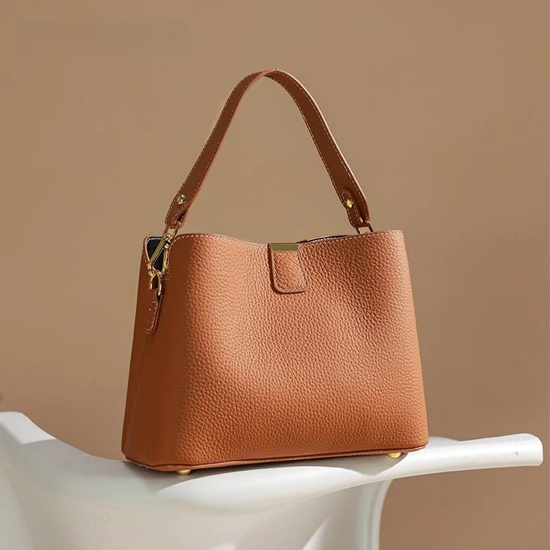 Genuine Leather Shoulder Bucket Bag Women Basket Tote Soft Handbag Genuine Leather Women Fashi Commuter One-shoulder Handbag