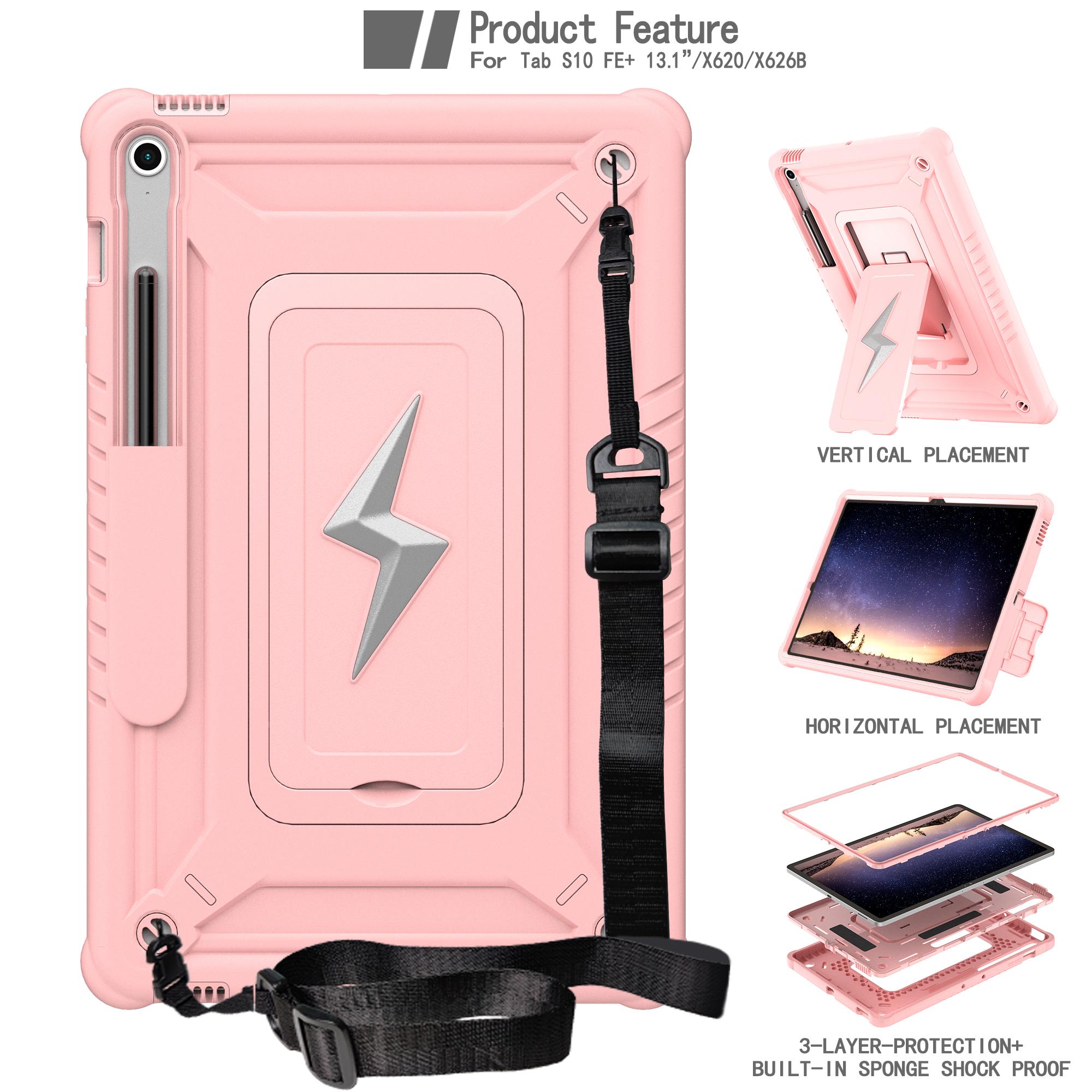 

Kickstand Armor Case for Samsung Galaxy Tab S10 FE Plus 2025 13.1 inch SM-X620 SM-X626B Heavy Duty Cover With Shoulder Strap S10 FE Plus X620 626 розового золота